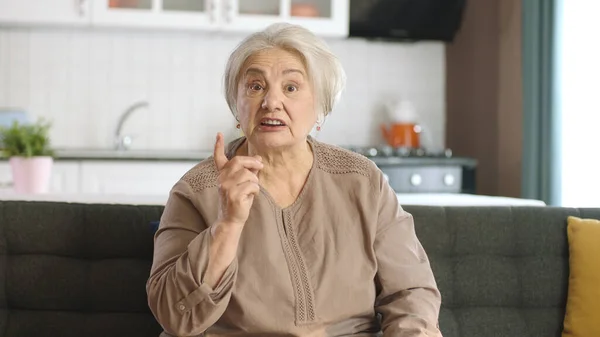 Starší Žena Bílými Vlasy Hádá Druhou Osobou Online Videohovoru Naštvaná — Stock fotografie
