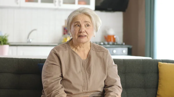 在家里或养老院微笑的老妇人 老年人保健服务 笑着的老年妇女坐在客厅沙发上的画像 屏幕左边空荡荡的广告空间 — 图库照片
