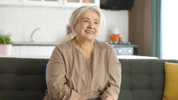 在家里或养老院微笑的老妇人 老年人保健服务 笑着的老年妇女坐在客厅沙发上的画像 屏幕左边空荡荡的广告空间 — 图库照片