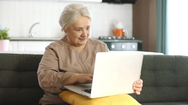 Старшая Взрослая Женщина Проводит Время Интернете Ноутбуке Женщина Делает Видеозвонок — стоковое фото