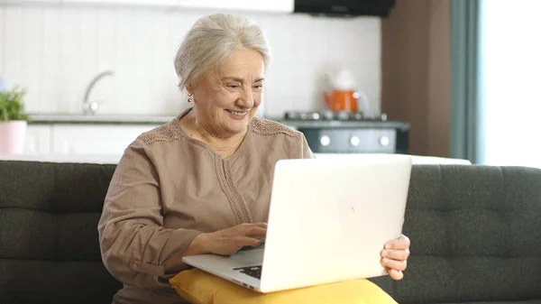 Старшая Взрослая Женщина Проводит Время Интернете Ноутбуке Женщина Делает Видеозвонок — стоковое фото