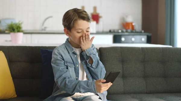 Vriendelijk Jongetje Maakt Een Videogesprek Zijn Mobiele Telefoon Kleine Grappige — Stockfoto