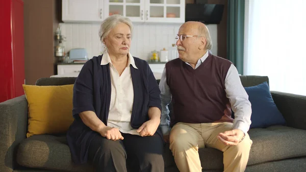 An elderly couple sitting in their armchair at home and arguing, getting angry with each other. Image of an elderly couple in troubled marriages. Problems experienced by married couples.