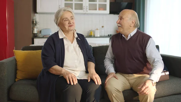Gelukkig Bejaarde Echtpaar Zit Hun Fauteuils Hun Rustige Huis Praten — Stockfoto