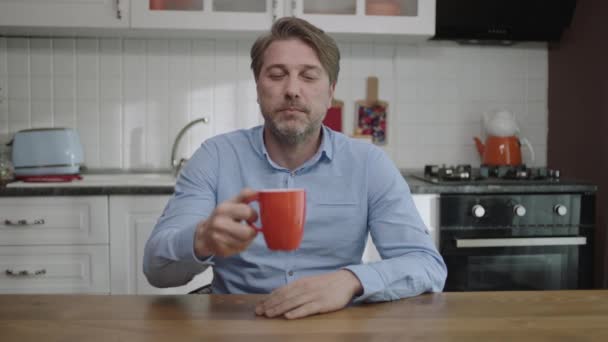 Portrait Satisfied Man Drinking Tea Coffee Kitchen Attractive Man Kitchen — Stock Video