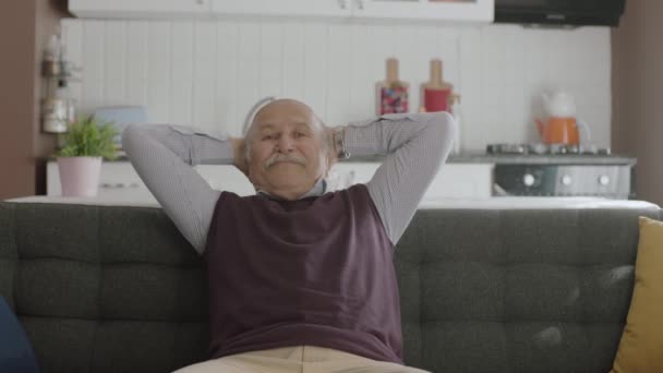 Porträtt Glad Gammal Man Sitt Fridfulla Hem Äldre Man Faller — Stockvideo