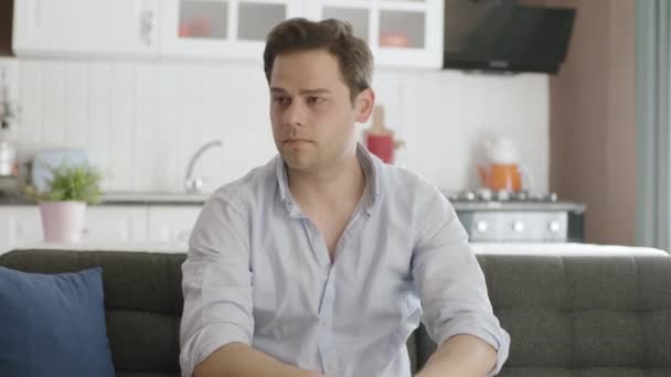 Headshot Portrait Confident Attractive Man Looking Camera Modern Living Room — Stock Video