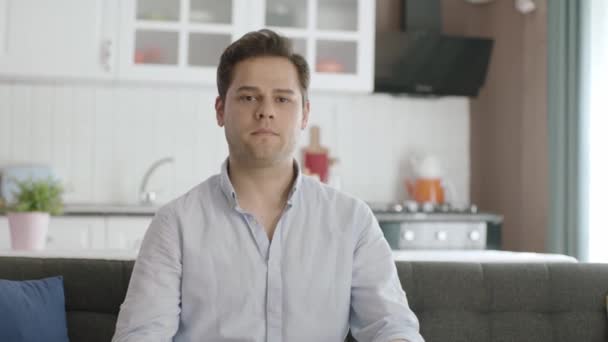 Headshot Portrait Confident Attractive Man Looking Camera Modern Living Room — Stock Video