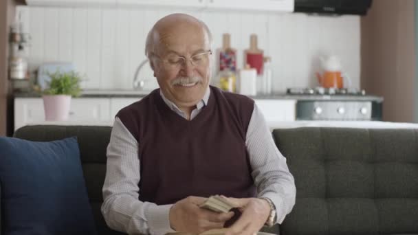 幸せな老人は自分のドルに興奮しました 老人はソファの上に座っていると空気中に紙幣を投げます 彼は賭けから多くのお金を作っているので幸せな人の肖像画 — ストック動画