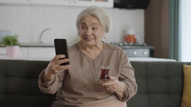 Happy Old Grandmother Holding Mobile Phone Video Call Loved Ones — Stock Video