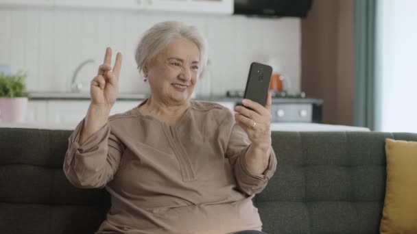 Ευτυχισμένη Ηλικιωμένη Γιαγιά Που Κρατάει Smartphone Κρατώντας Κινητή Βιντεοκλήση Βγάζει — Αρχείο Βίντεο