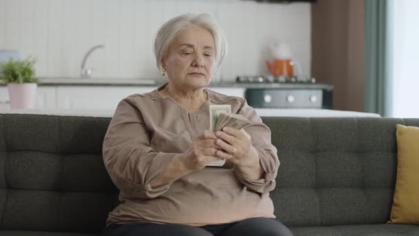 老年妇女坐在客厅的沙发上 数着钞票 算着美元 算着预算 退休金 — 图库视频影像