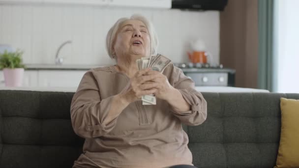 幸せな老婦人は彼女のお金で非常に幸せオンライン宝くじの抽選に勝つ 幸せなシニア女性は多くのドルを保持する 興奮した老婦人楽しんで彼女のドルで自宅一人で — ストック動画