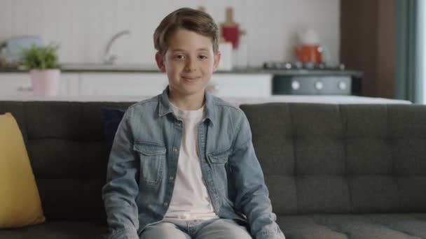 小男孩看着相机 开心地微笑着 一个快乐的孩子在他的家庭 学校和社交生活中的画像 — 图库视频影像