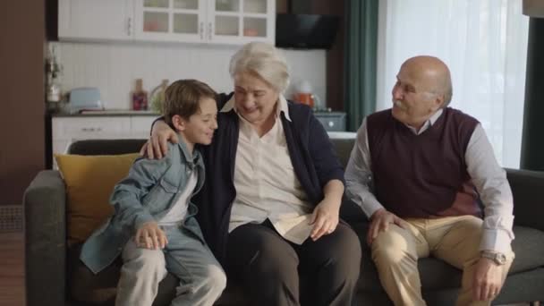 幸せな高齢者のカップルはソファに座って 彼らの小さな孫とチャットします 孫と幸せな家族の肖像画 — ストック動画