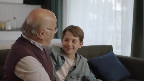 おじいさんのところに来た男の子はおじいさんを抱きかかえています 眼鏡をかけた可愛いおじいさんは孫に会えて嬉しかったです 抱き合って 愛情のある祖父と孫の肖像 — ストック動画