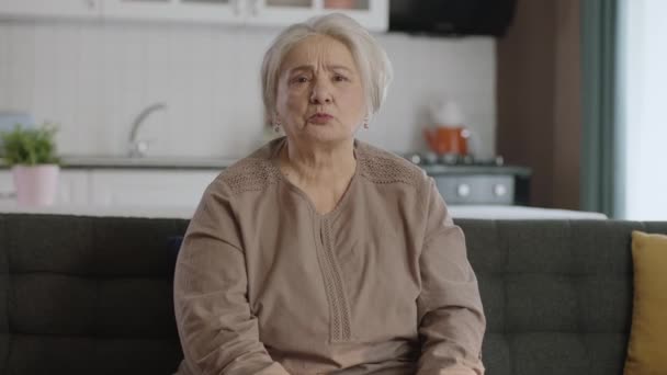 Starší Žena Bílými Vlasy Hádá Druhou Osobou Online Videohovoru Naštvaná — Stock video