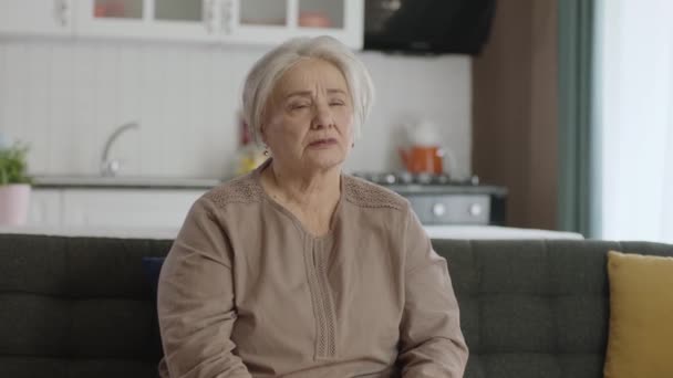 白发苍苍的老妇人和照相机在聊天 老太太正在家里的沙发上自言自语 采访那个女人 老年孤独的概念 — 图库视频影像