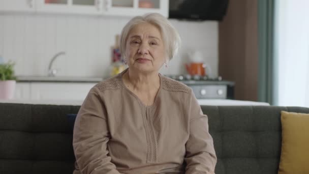 白い髪の老女がカメラとおしゃべりをしている 老人は自宅のソファの上で話している 彼女はカメラで彼の指を振っている 古来の孤独の概念 — ストック動画