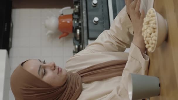 Young Woman Hijab Works Remotely Tablet Computer Woman Drinks Coffee — Stock Video