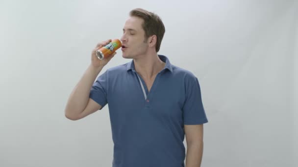 Man Drinks Fanta Metal Bottle Young Man Drinking Soda Happy — Stock Video