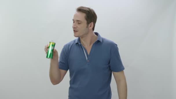 Young Man Drinks Fizzy Sprite Beverage Metal Bottle Slow Motion — Stock Video