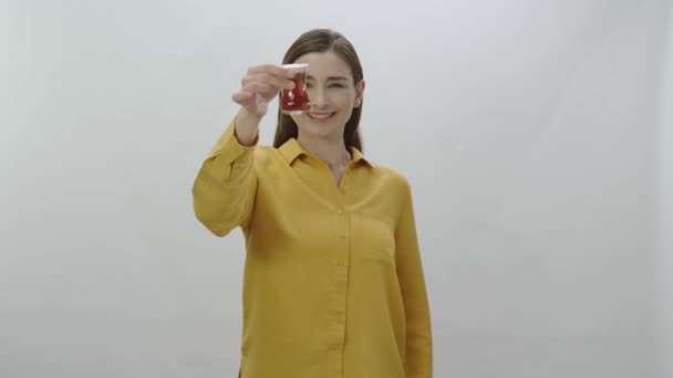 Character Portrait Young Woman Who Likes Drink Black Green Tea — Stock Video