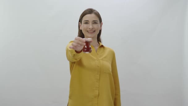 Character Portrait Young Woman Who Likes Drink Black Green Tea — Stock Video