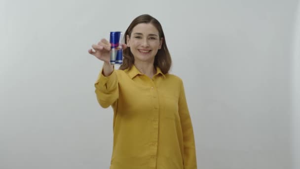 Character Portrait Young Woman Drinking Energy Drink Red Bull Tin — Stock Video