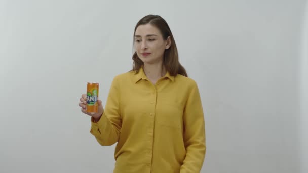 Character Portrait Young Woman Drinking Fanta Tin Can Happy Young — Stock Video