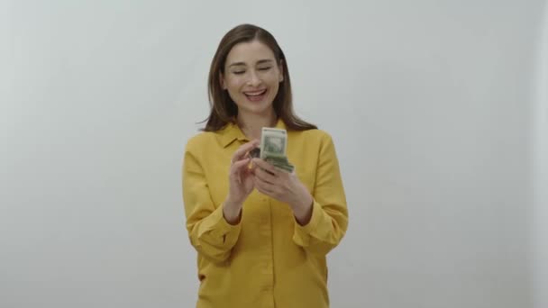 Retrato Carácter Una Mujer Joven Ganando Mucho Dinero Trabajo Lotería — Vídeo de stock