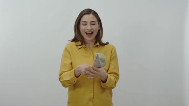 Retrato Carácter Una Mujer Joven Ganando Mucho Dinero Trabajo Lotería — Vídeos de Stock