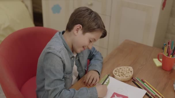 Little Boy Eats Hazelnuts Peanuts Walnuts While Doing His Lessons — Stock Video