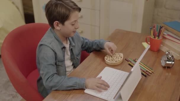 소년은 태블릿 컴퓨터로 레슨을 하면서 호두를 먹는다 컴퓨터 수업을 게임을 — 비디오