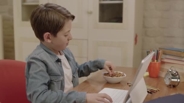 Menino Come Avelãs Amendoins Nozes Fazer Suas Lições Computador Tablet — Vídeo de Stock