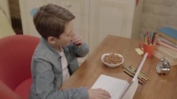 소년은 태블릿 컴퓨터로 레슨을 하면서 호두를 먹는다 컴퓨터 수업을 게임을 — 비디오