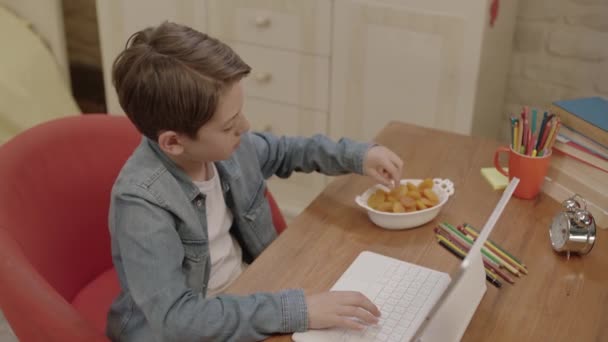 小さな男の子はタブレットコンピュータでレッスンをしながらドライフルーツを食べる 保育園でアプリコットを食べながら 彼女はタブレットコンピュータから学び ゲームをプレイし 面白いビデオを見る — ストック動画