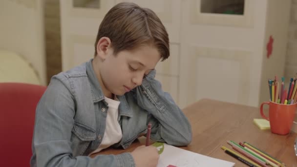 His Room Home Boy Writes Exercise Book Preparing Test Writing — Stock Video