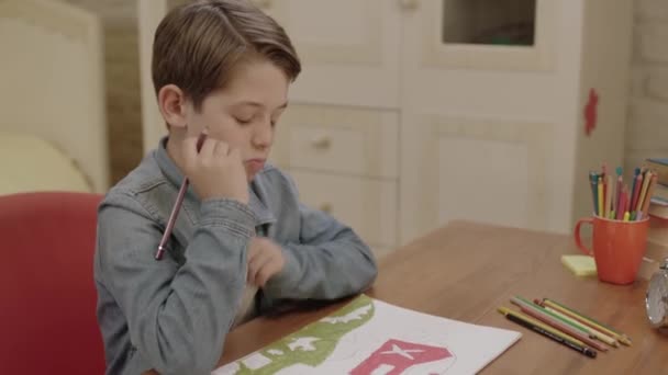 Bored Tired Studying Little Boy Daydreaming His Hands His Chin — Stock Video