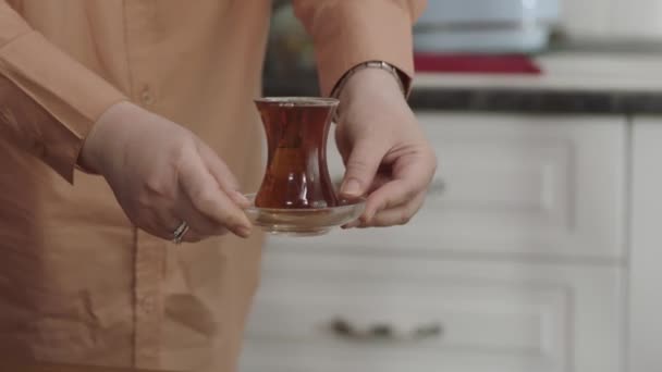 Spilled Beverage Care Pouring Tea Ground Close Hands Woman Trying — Stock Video
