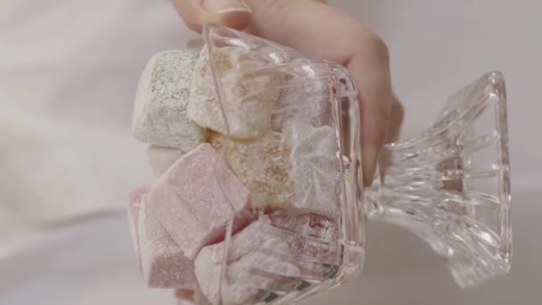 Hand Young Woman Holding Traditional Oriental Delicacies Colorful Turkish Delight — Stock Video