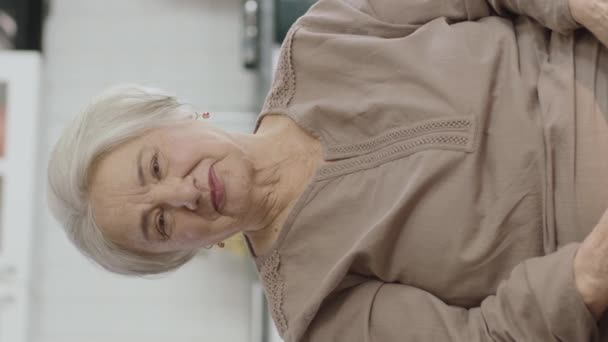 安详的老妇人在安静的家中休息 寂寞的老妇人一个人坐在安乐窝的沙发上 她对着摄像机笑着 垂直故事的视频 — 图库视频影像