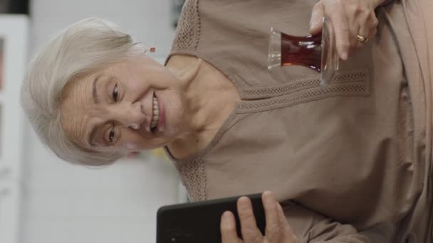 Happy Old Grandmother Holding Mobile Phone Video Call Loved Ones — Stock Video