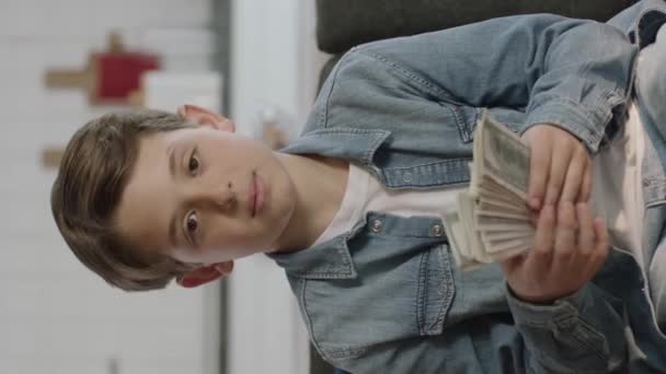 小さな男の子はソファに座って 空気中に紙幣を投げます 彼は賭けから多くのお金を稼いでいるので 幸せな人の肖像画 垂直物語のためのビデオ — ストック動画