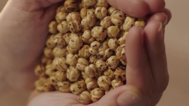 ローストチキン農家の山を保持している女性 白いひよこ豆から作られたトルコのローストチキンエンドウ豆 ローストチキン農家のクローズアップビュー 垂直方向の話のためのビデオ — ストック動画