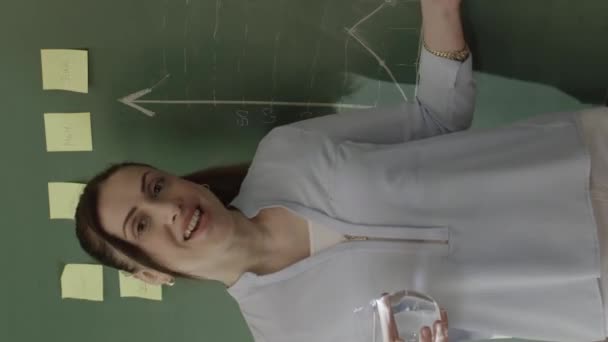 Female Teacher Explaining Math Students Front Blackboard Chalk Notes Math — Stock Video