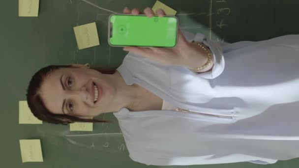 Young Female Teacher Classroom Browsing Social Media Accounts Her Smartphone — Stock Video