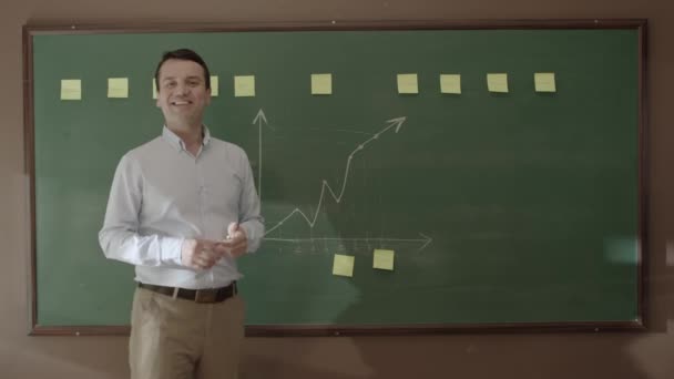 Бизнесмен Учитель Объясняет Графику Сотрудникам Ученикам Перед Доской Менеджер Проводит — стоковое видео