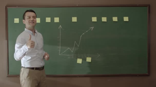 Businessman Explains Employees How Sales Should Front Blackboard Graphs Manager — Wideo stockowe