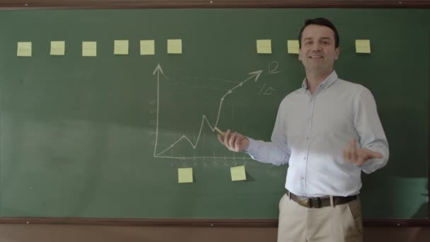 大学の教室で腕を組んでいる男性教授のスローモーションが交差し 黒板の前で笑顔 オンラインコースを提供する管理者または教師 — ストック動画